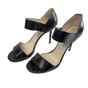 Jimmy Choo Alana Sandals Size 39 US 9 Two Strap‎ Black Leather Heels Open Toe